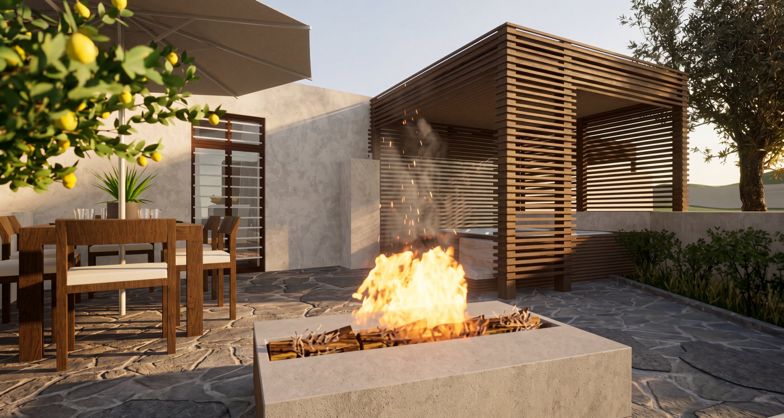 Lemon Tree Project — fireplace with dining area and jacuzzi