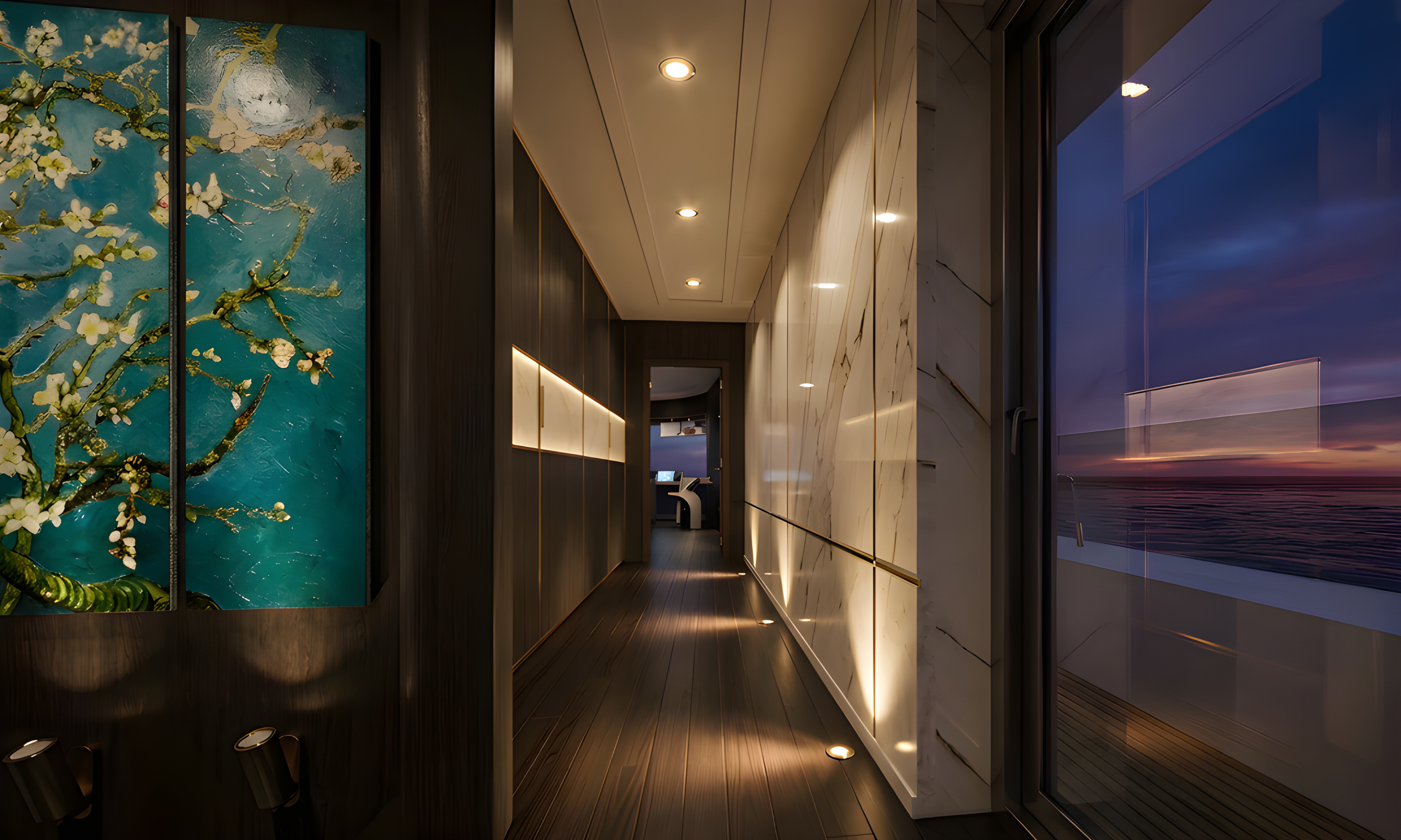 Siren IV — deck lounge at dusk